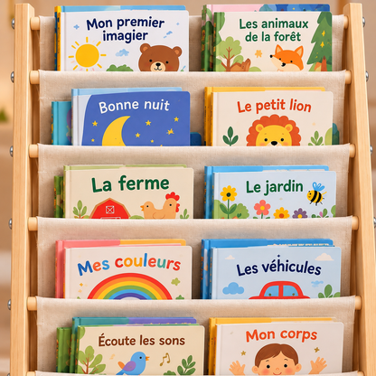 Bibliothèque enfant en bois et tissu, 6 niveaux et 3 poches Hilair