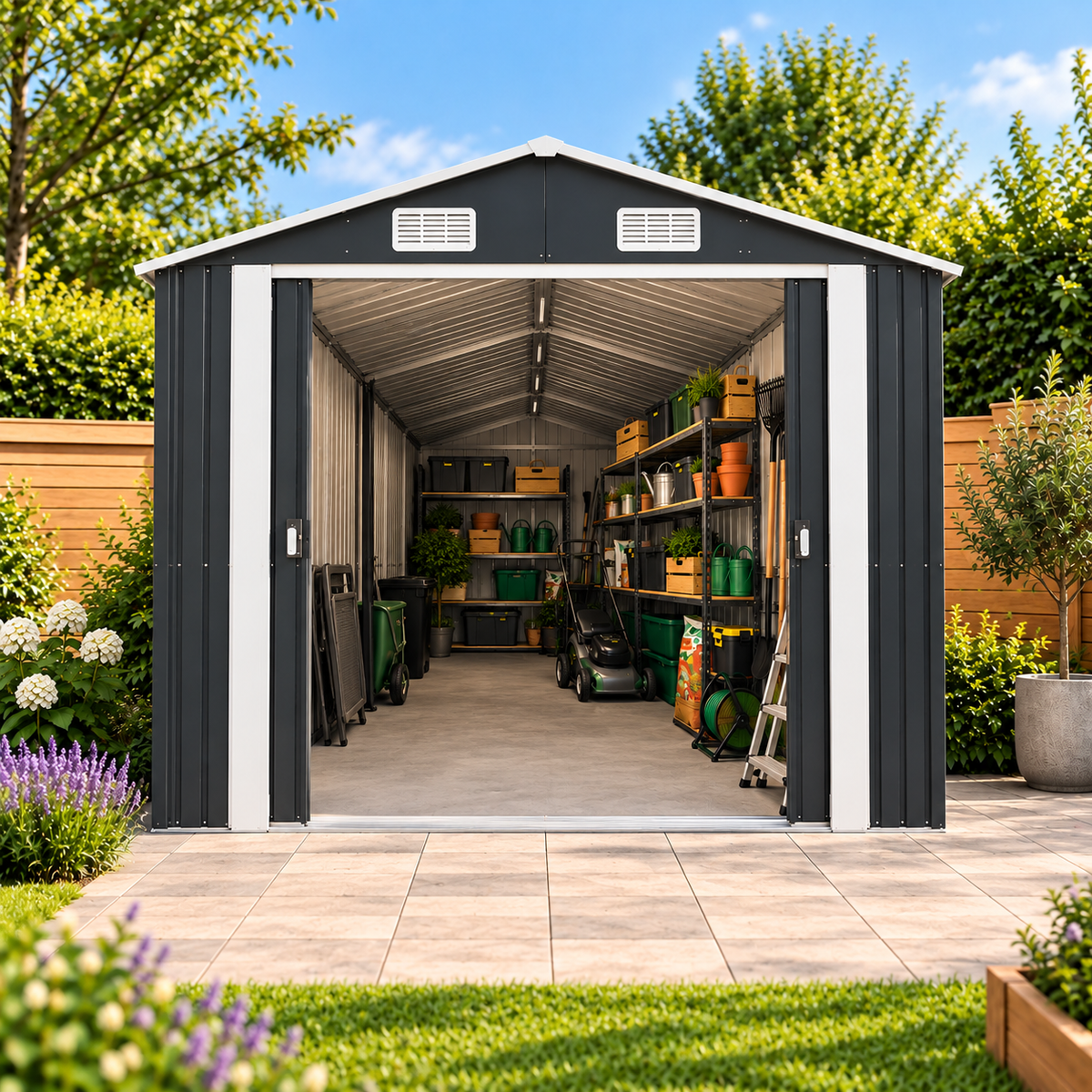 Abri de jardin 12,57 m² en métal anthracite avec portes coulissantes Hilair