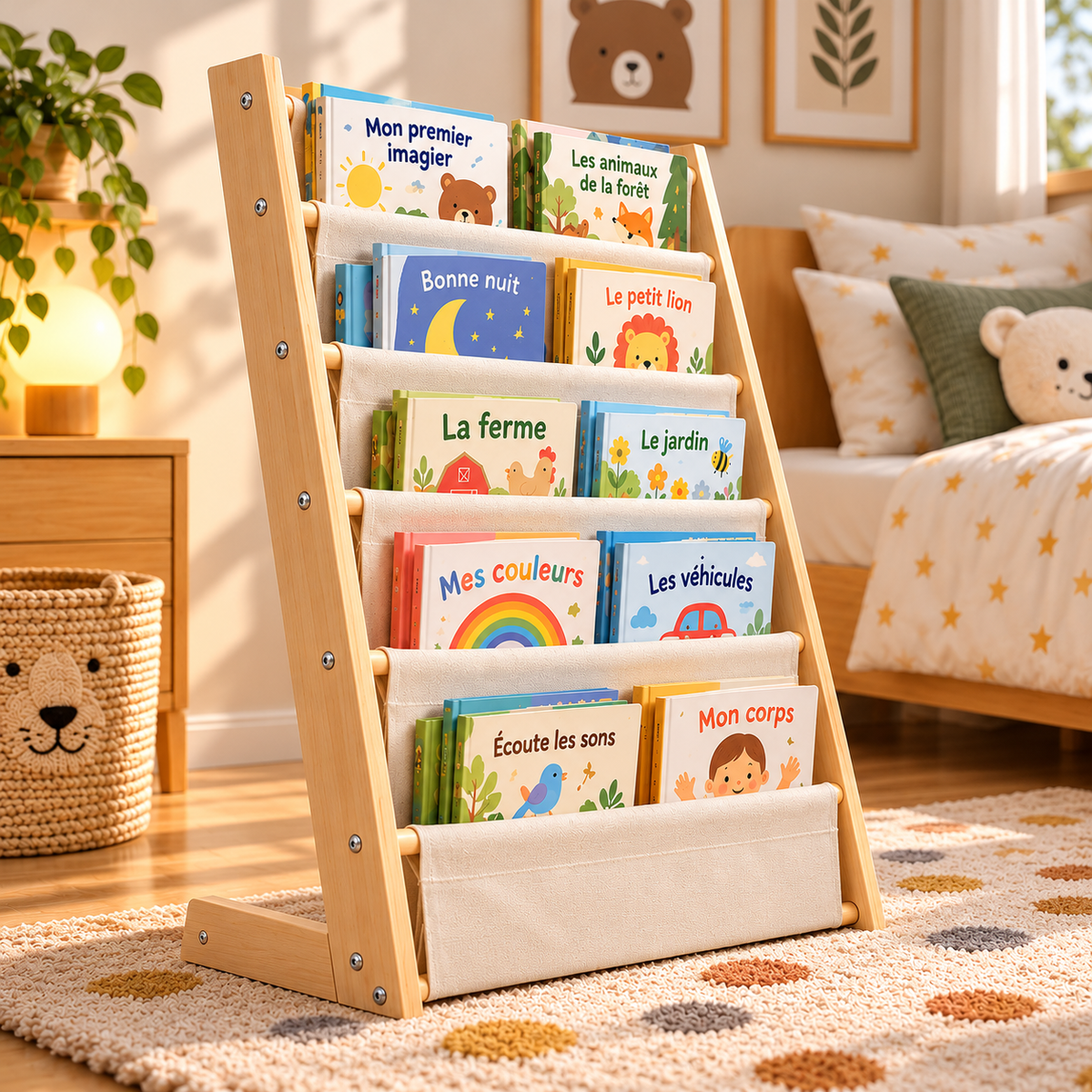 Bibliothèque Montessori en bois et tissu, 6 niveaux et 3 poches Hilair