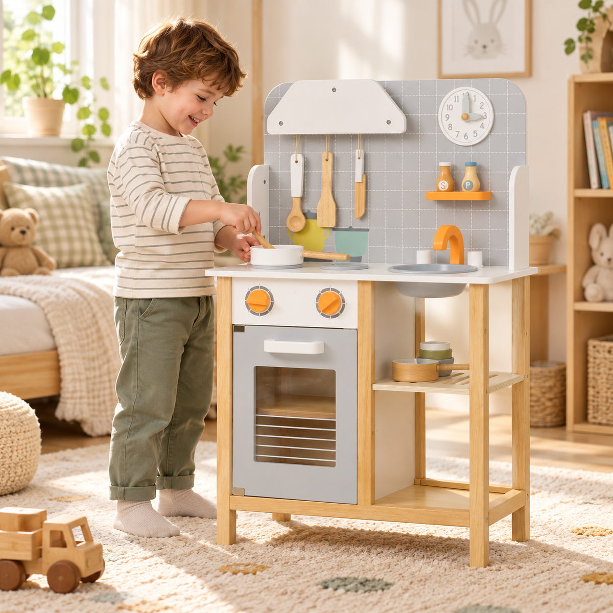 Cuisine en bois grise avec plaque sonore, four et évier – vue 1