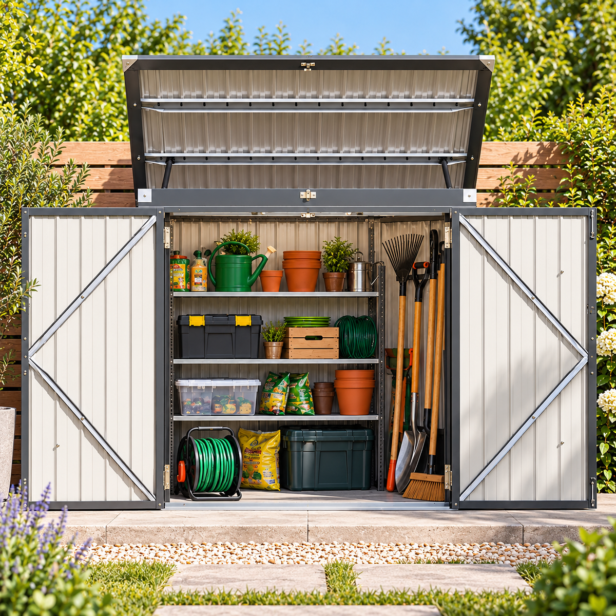 Abri de jardin 1,35 m² en métal noir pour outils avec couvercle à vérins Hilair