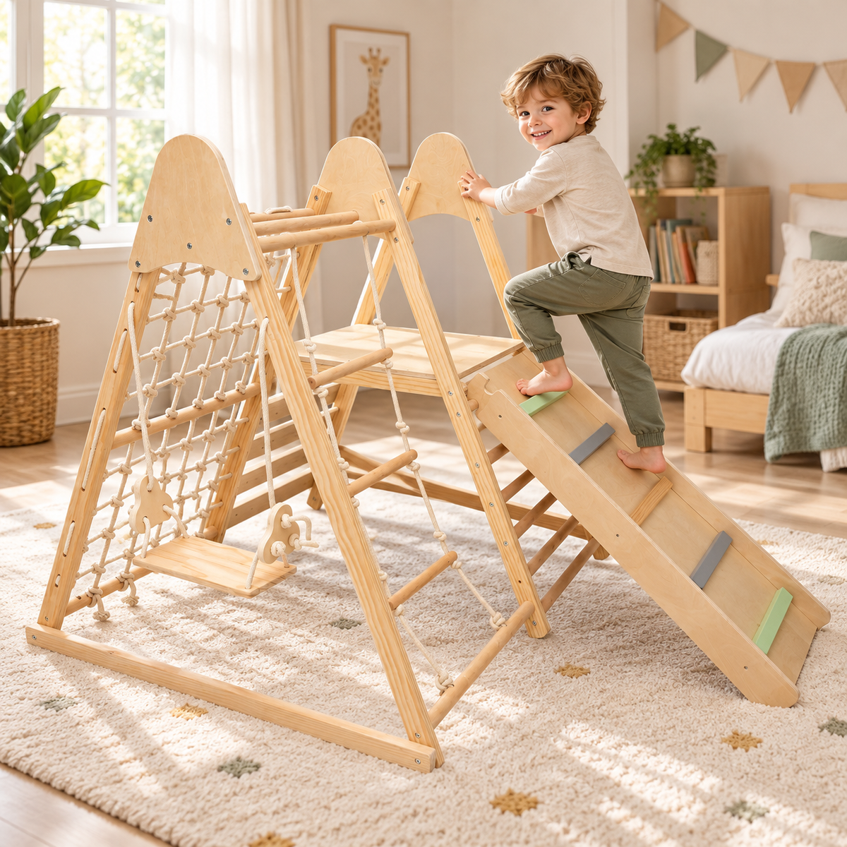 Aire de jeux en bois 5-en-1 avec toboggan et balançoire, dès 3 ans – vue 1