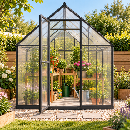 Abri de jardin 2,99 m² en polycarbonate transparent – porte et fenêtre réglable Hilair
