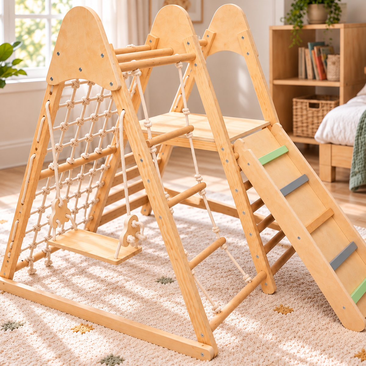 Aire de jeux en bois 5-en-1 avec toboggan et balançoire, dès 3 ans Hilair