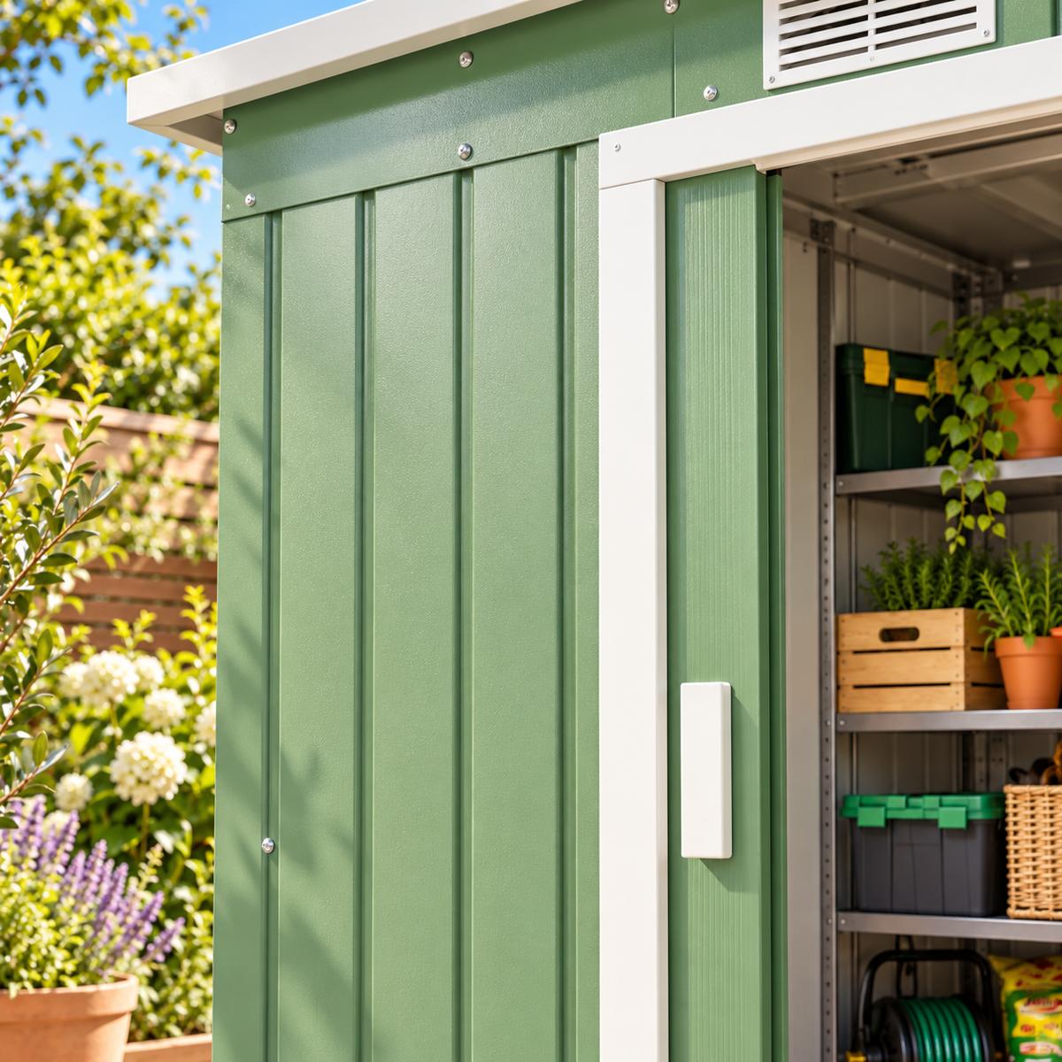 Abri de jardin 2,42 m² en métal vert avec portes coulissantes Hilair