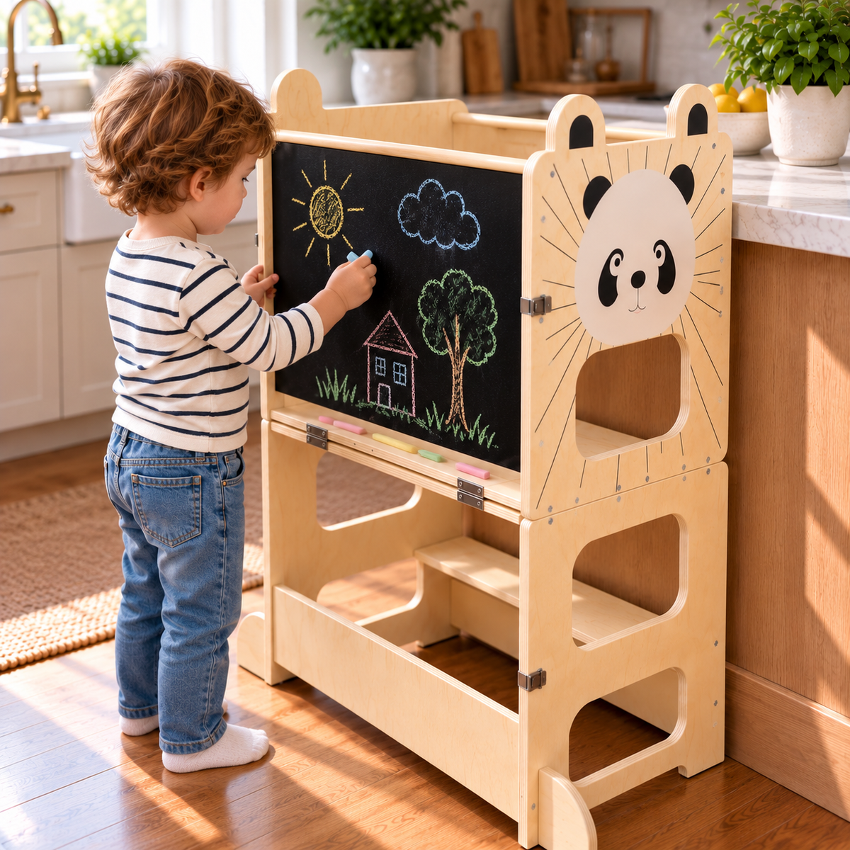 Tour d'apprentissage Montessori 3-en-1, convertible en table avec chaise Hilair