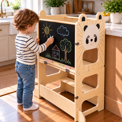 Tour d'apprentissage Montessori 3-en-1, convertible en table avec chaise Hilair