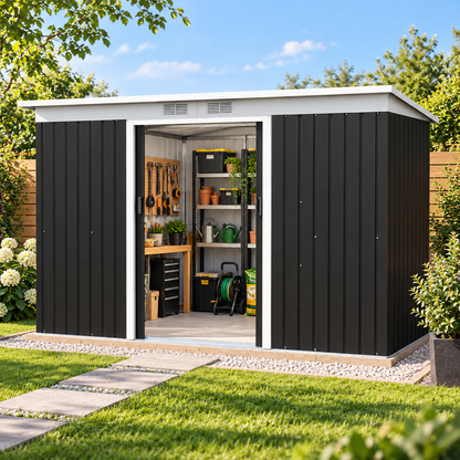 Abri de jardin 3,6 m² en acier galvanisé noir avec portes coulissantes Hilair