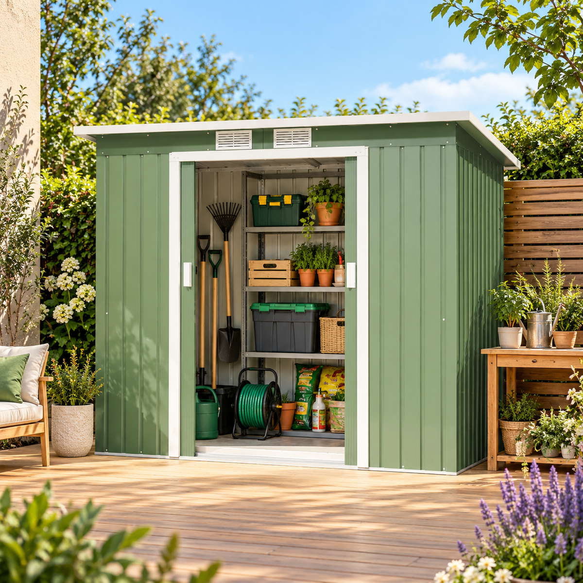 Abri de jardin 2,42 m² en métal vert avec portes coulissantes Hilair