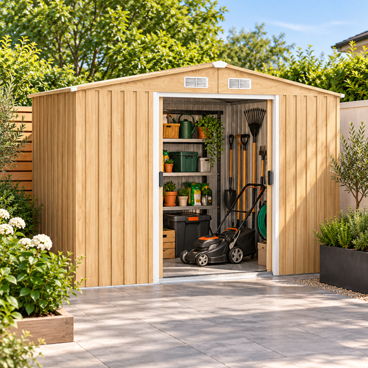 Abri de jardin 7 m² en acier galvanisé effet bois avec portes coulissantes et sol Hilair