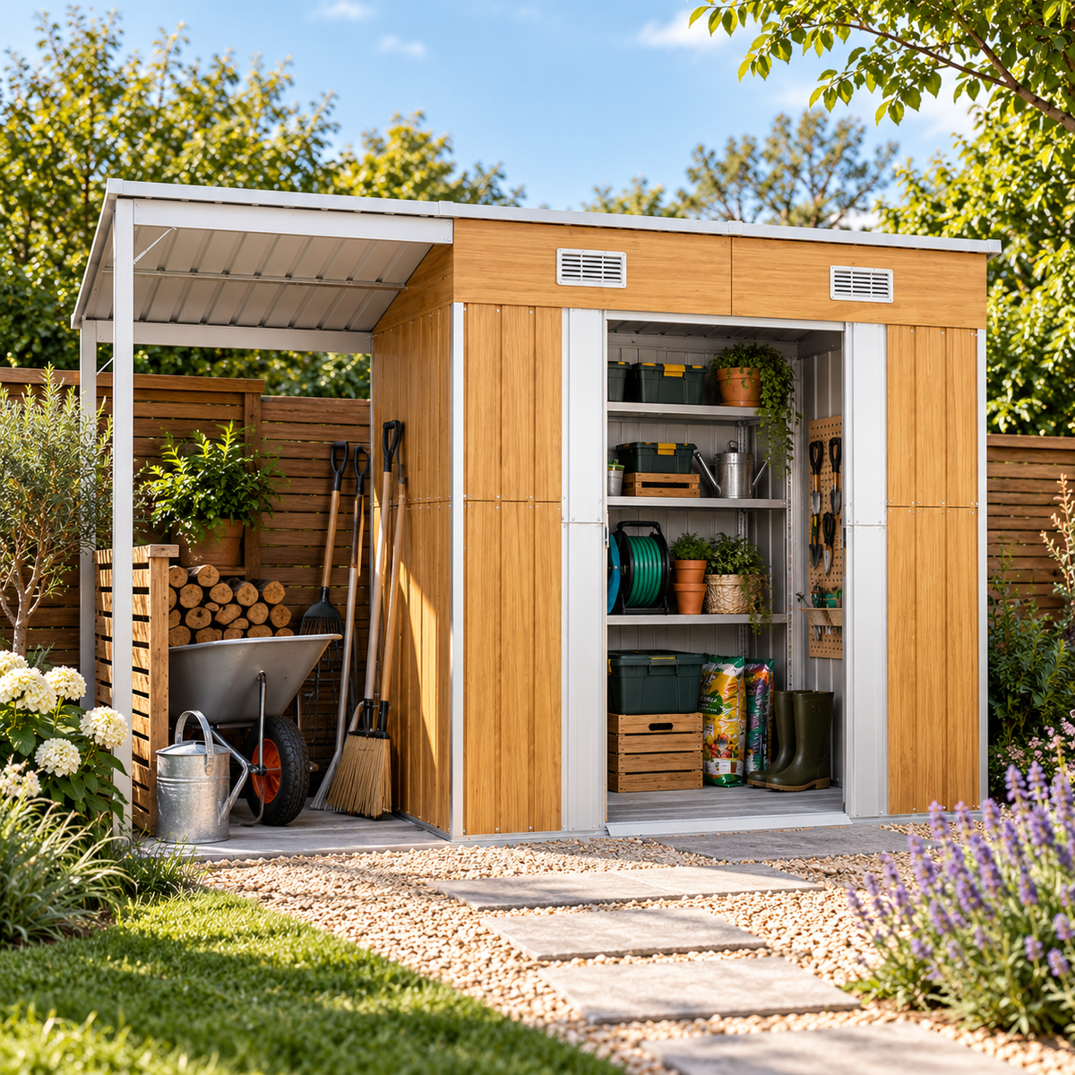 Abri de jardin 3 m² en acier galvanisé effet bois avec toit appentis Hilair