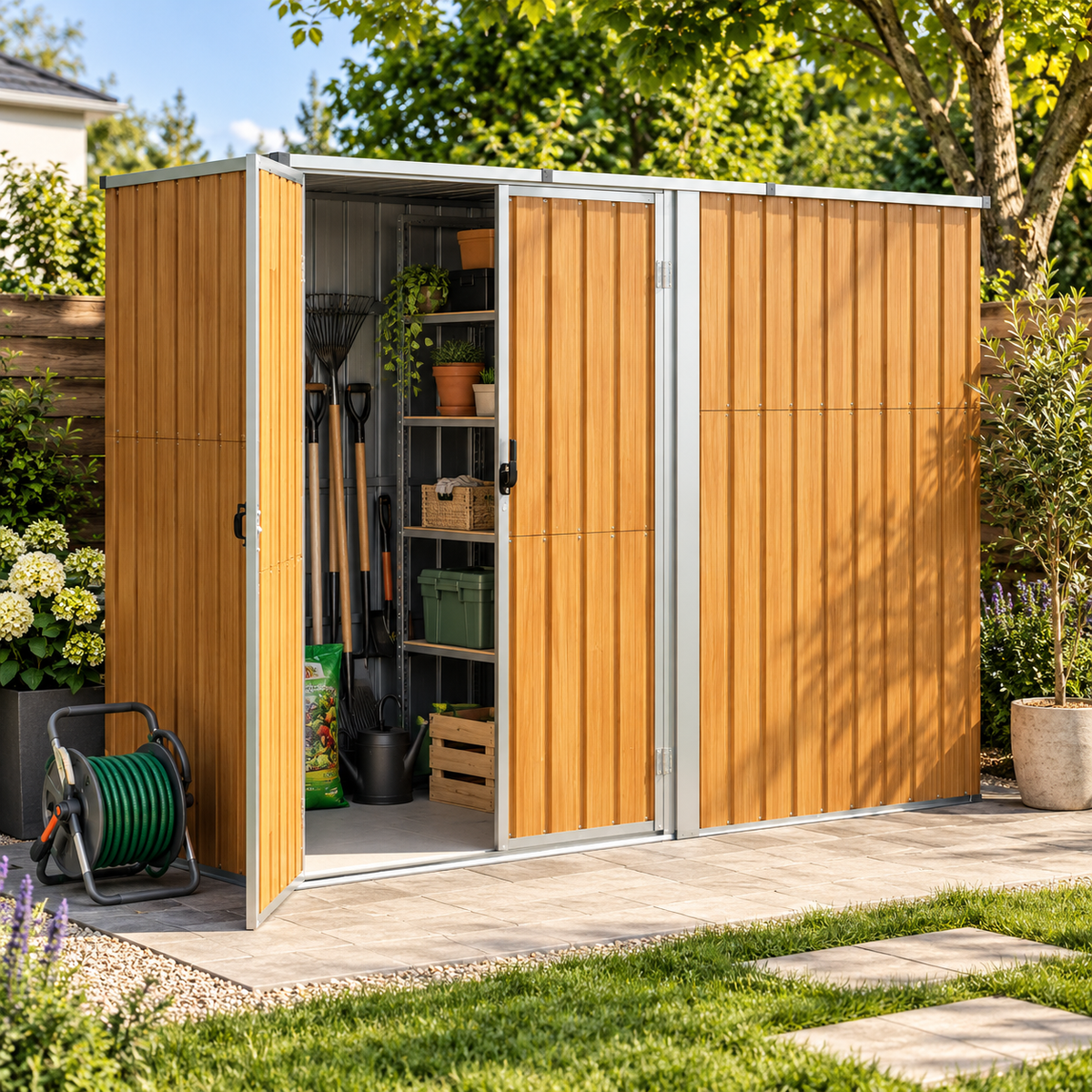 Abri de jardin en acier effet bois 2 m² galvanisé avec toit incliné et poignée Hilair