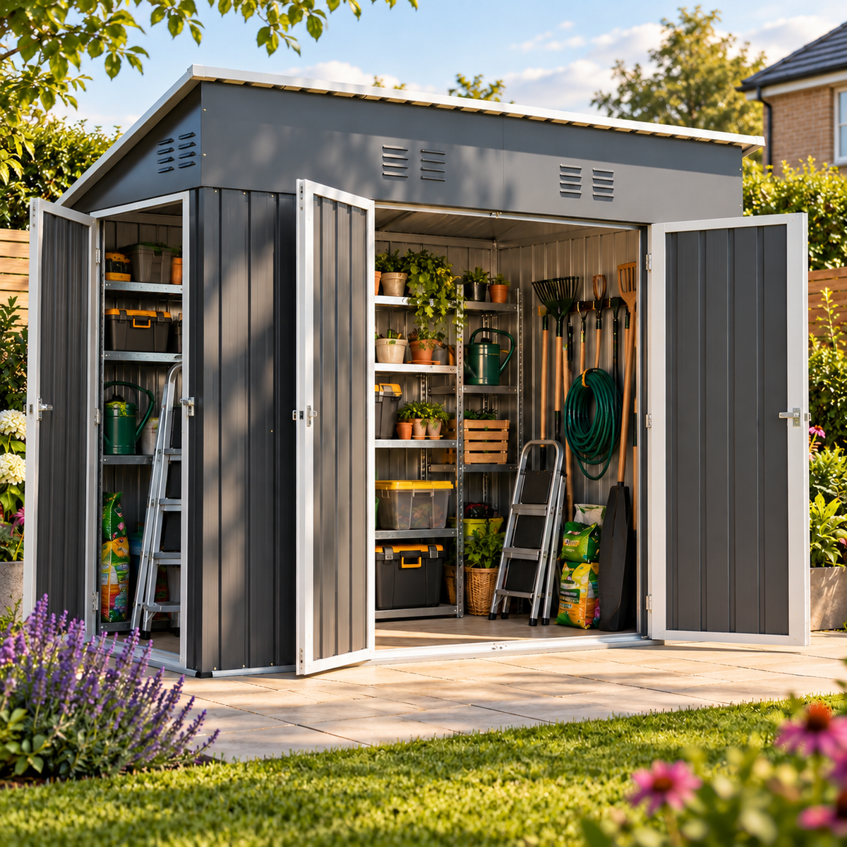 Abri de jardin 2,90 m² en métal gris avec 3 portes et fondation Hilair