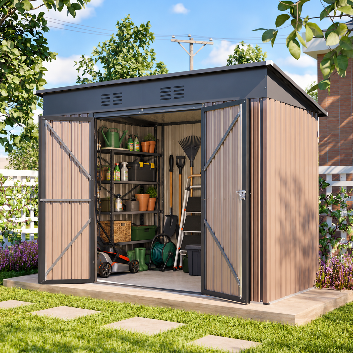 Abri de jardin 3 m² en acier galvanisé brun avec base renforcée Hilair