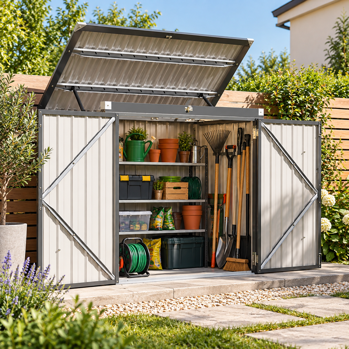 Abri de jardin 1,35 m² en métal noir pour outils avec couvercle à vérins Hilair