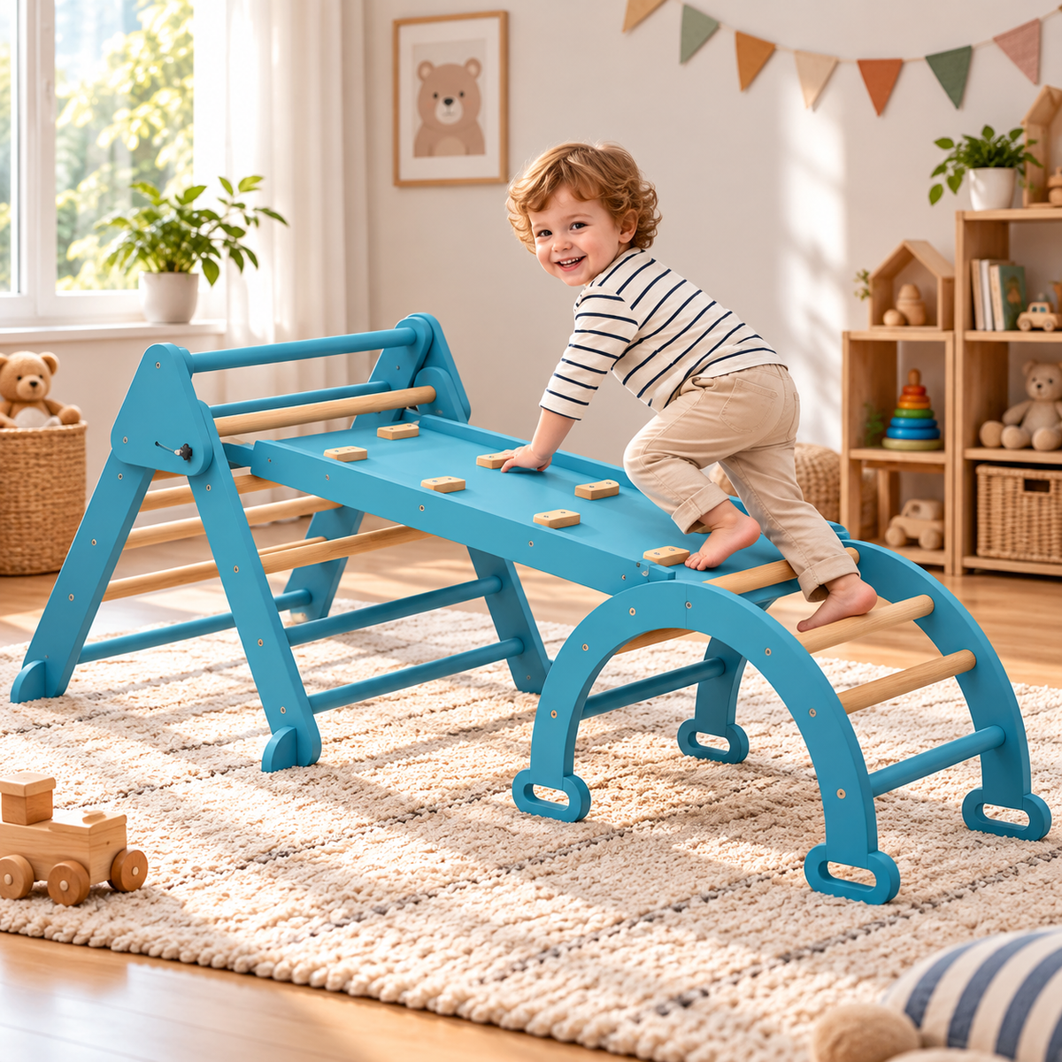 Triangle d'escalade Montessori 7-en-1 pliable avec arche et rampe – vue 1