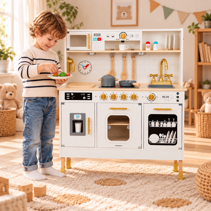 Cuisine Montessori en bois XXL avec lumières LED et 17 accessoires, dès 3 ans Hilair