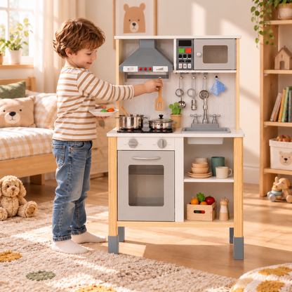 Cuisine Montessori en bois blanche réglable, lumières et sons, dès 3 ans Hilair