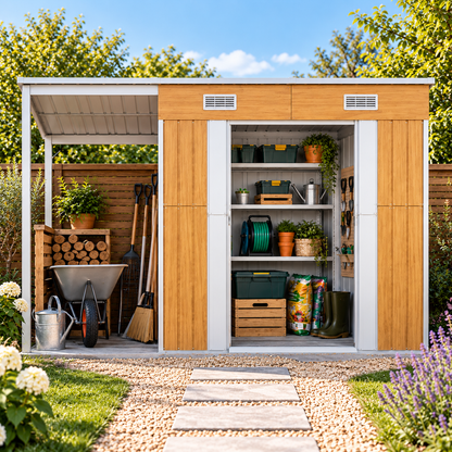 Abri de jardin 3 m² en acier galvanisé effet bois avec toit appentis Hilair