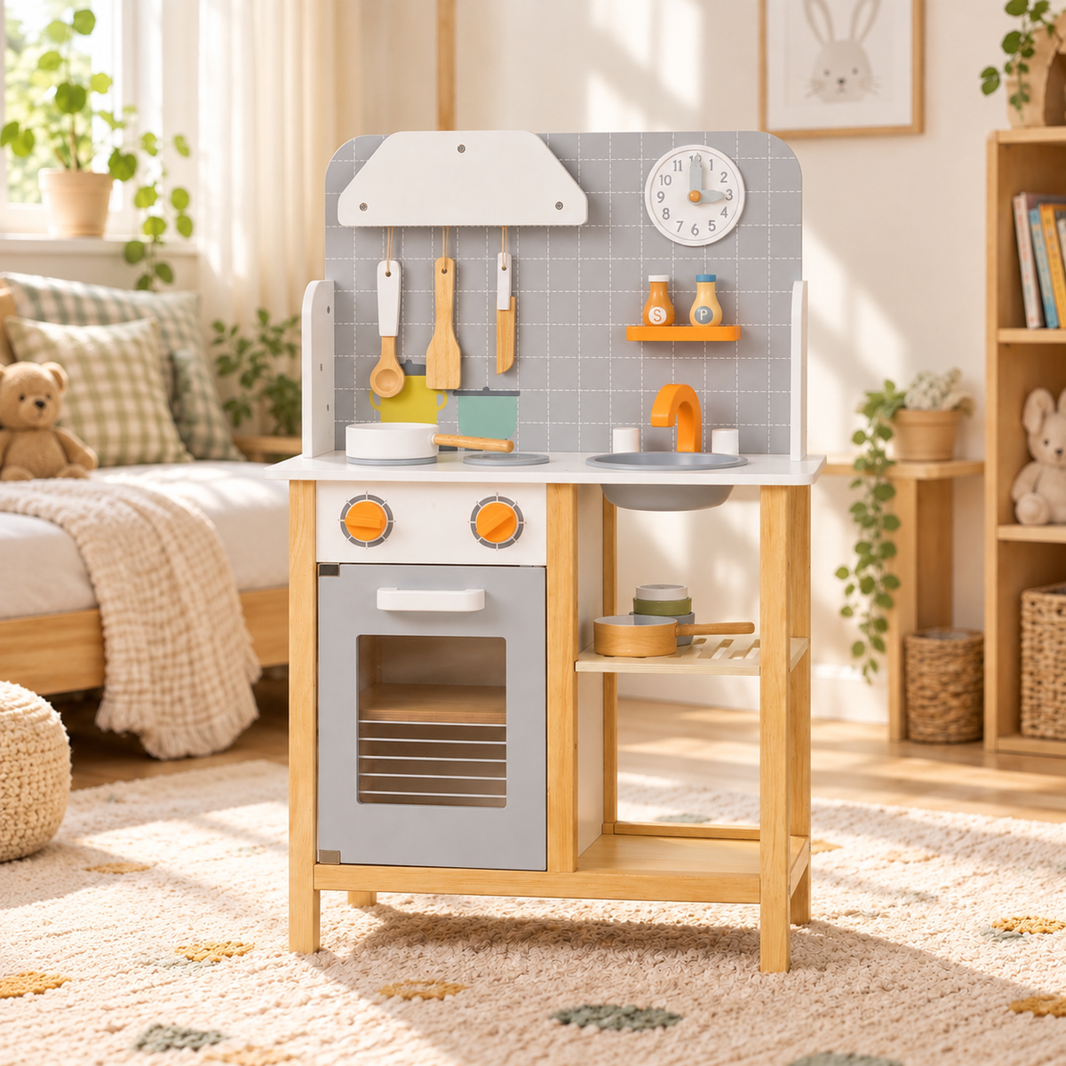 Cuisine en bois grise avec plaque sonore, four et évier – vue 2