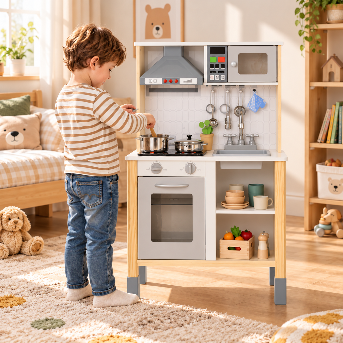 Cuisine en bois blanche réglable en hauteur, lumières et sons – vue 2