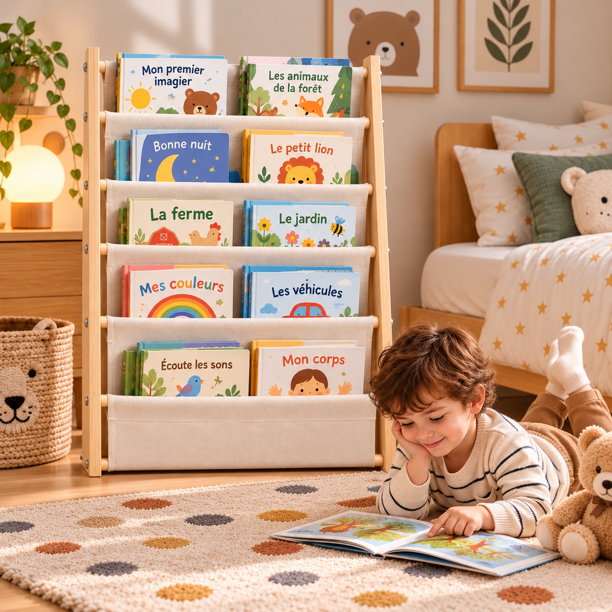 Bibliothèque Montessori en bois et tissu, 6 niveaux et 3 poches Hilair