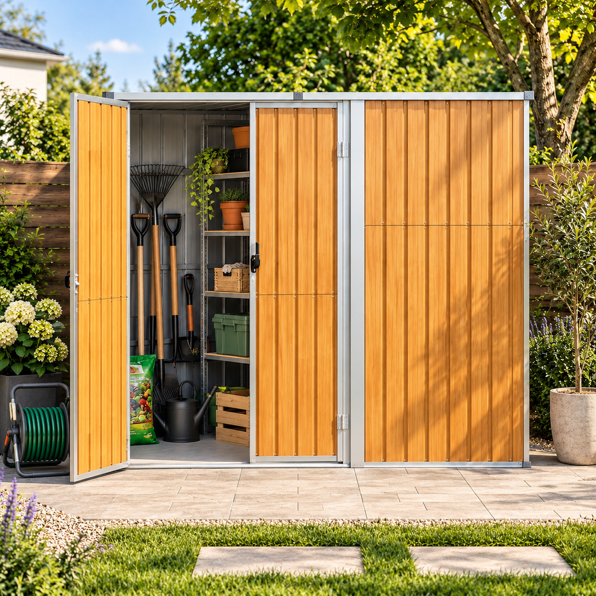 Abri de jardin en acier effet bois 2 m² galvanisé avec toit incliné et poignée Hilair