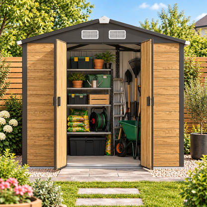 Abri de jardin 2,36 m² en métal effet bois avec portes coulissantes Hilair