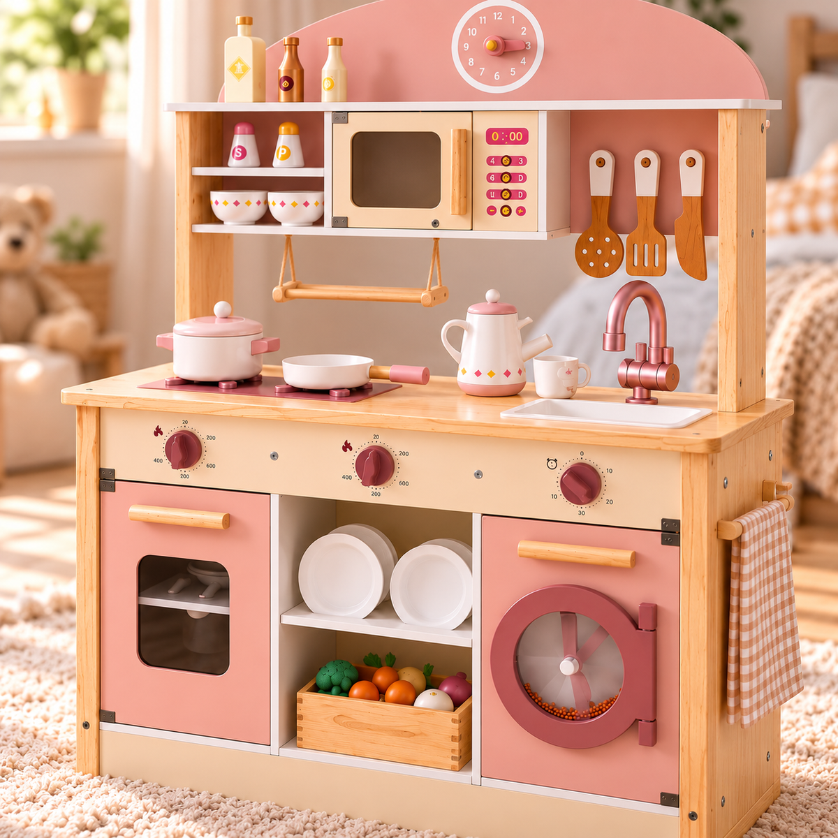 Cuisine d'angle Montessori en bois rose 4-en-1 avec four, réfrigérateur et lave-linge Hilair