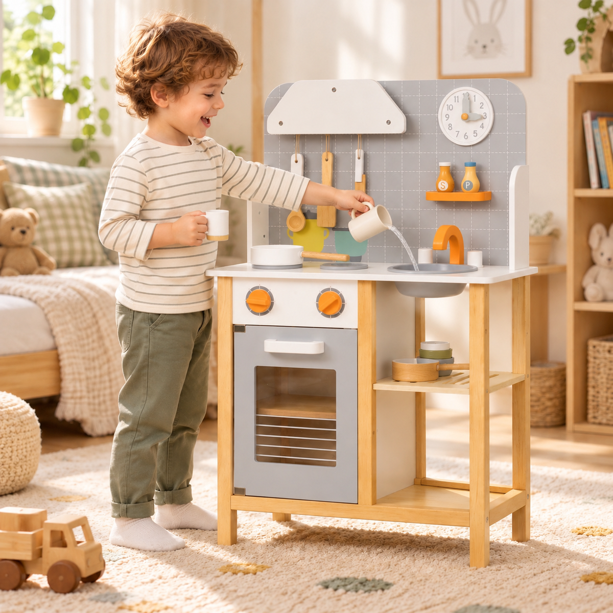 Cuisine Montessori en bois avec plaque sonore, four et évier, dès 3 ans Hilair