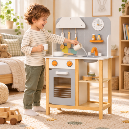 Cuisine Montessori en bois avec plaque sonore, four et évier, dès 3 ans Hilair