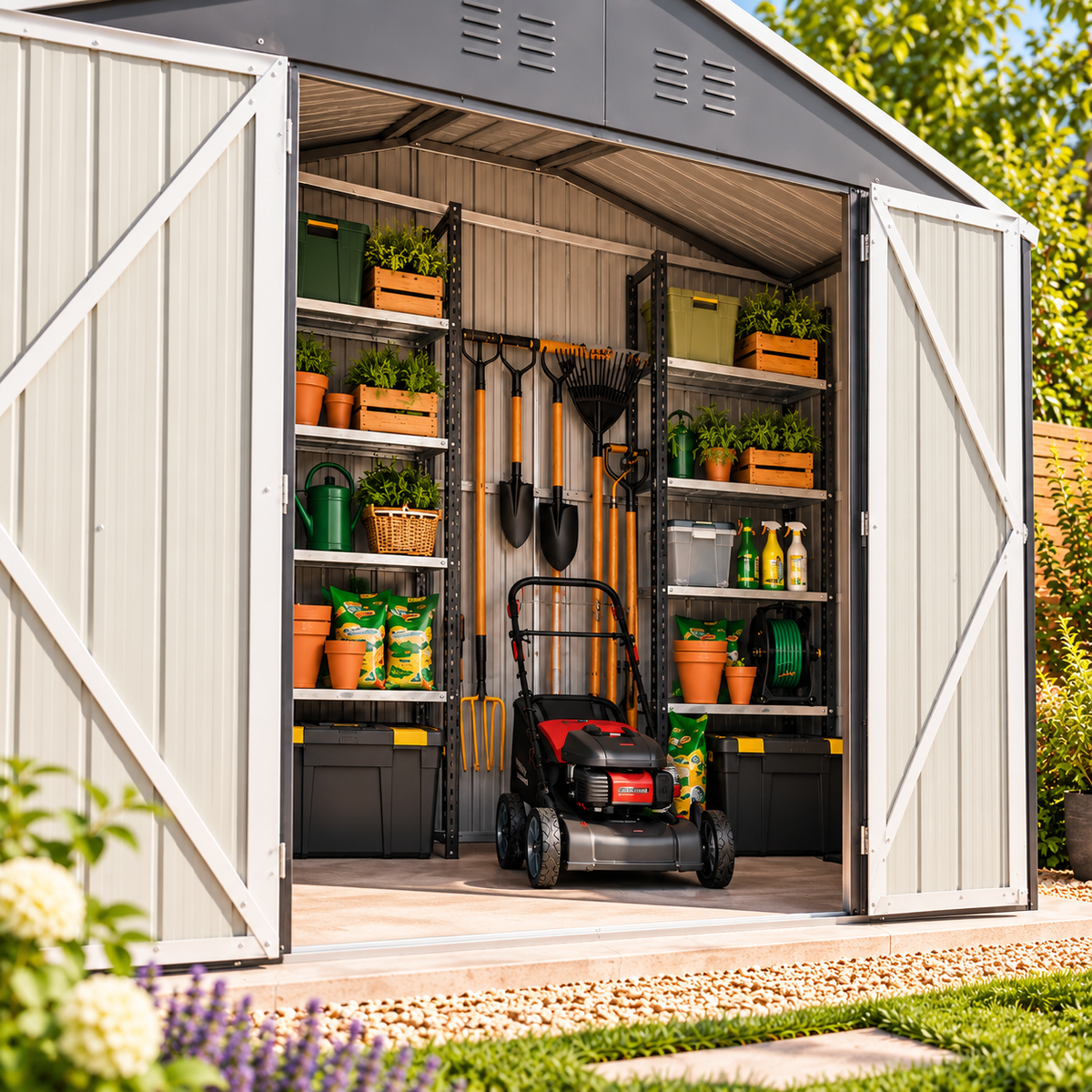 Abri de jardin 6,9 m² en métal noir avec portes coulissantes à clé Hilair