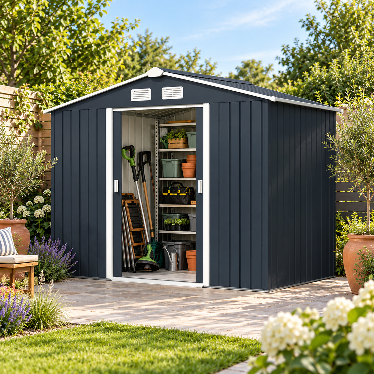 Abri de jardin 4,9 m² en métal avec portes coulissantes Hilair