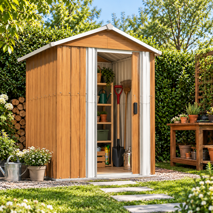 Abri de jardin 1,23 m² en acier galvanisé effet bois avec porte coulissante Hilair