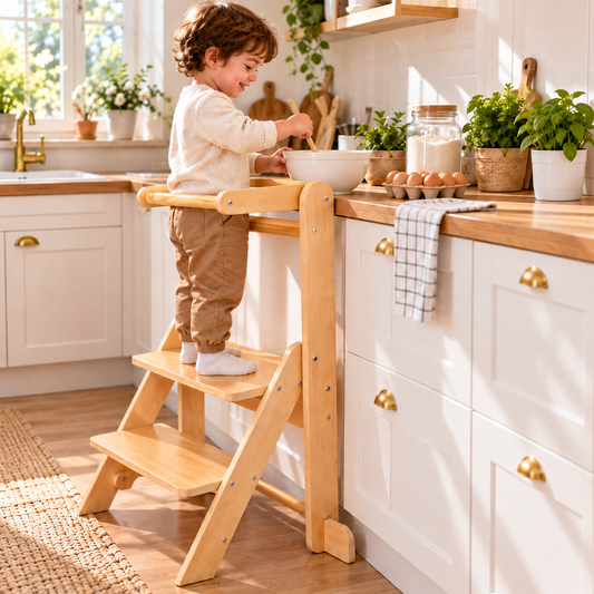 Tour d'apprentissage pliable et réglable en bois, dès 1 an et demi – vue 1