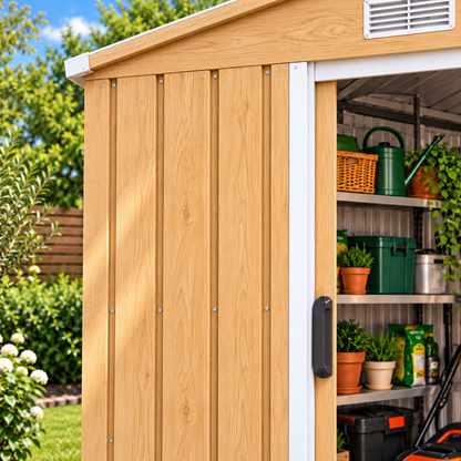 Abri de jardin 7 m² en acier galvanisé effet bois avec portes coulissantes et sol Hilair