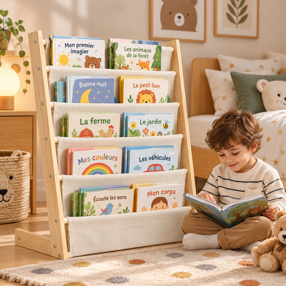 Bibliothèque enfant en bois et tissu – vue 1