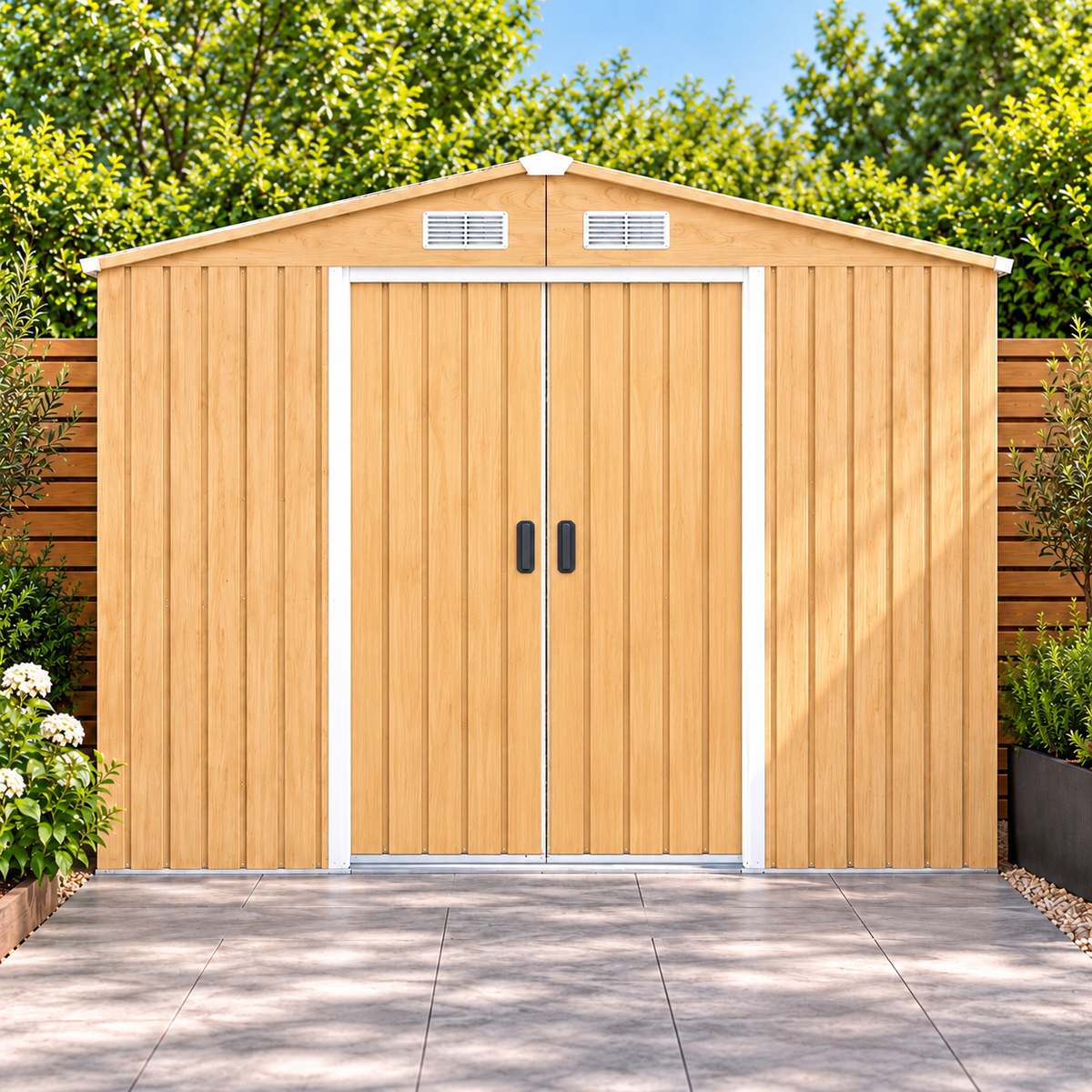Abri de jardin 7 m² en acier galvanisé effet bois avec portes coulissantes et sol Hilair