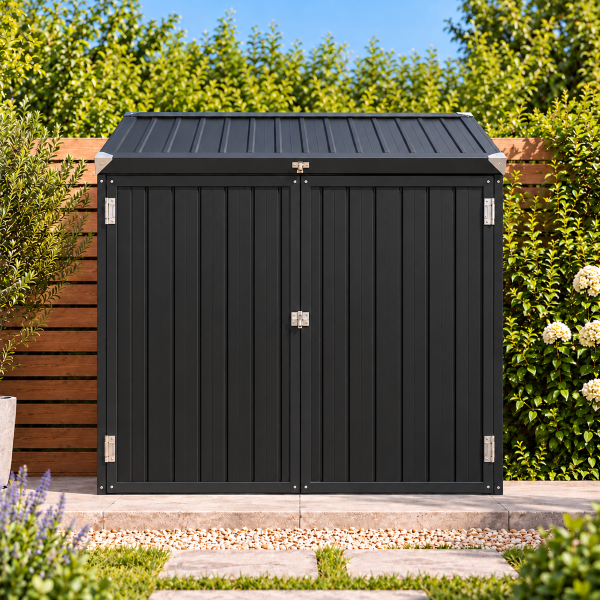 Abri de jardin 1,35 m² en métal noir pour outils avec couvercle à vérins Hilair