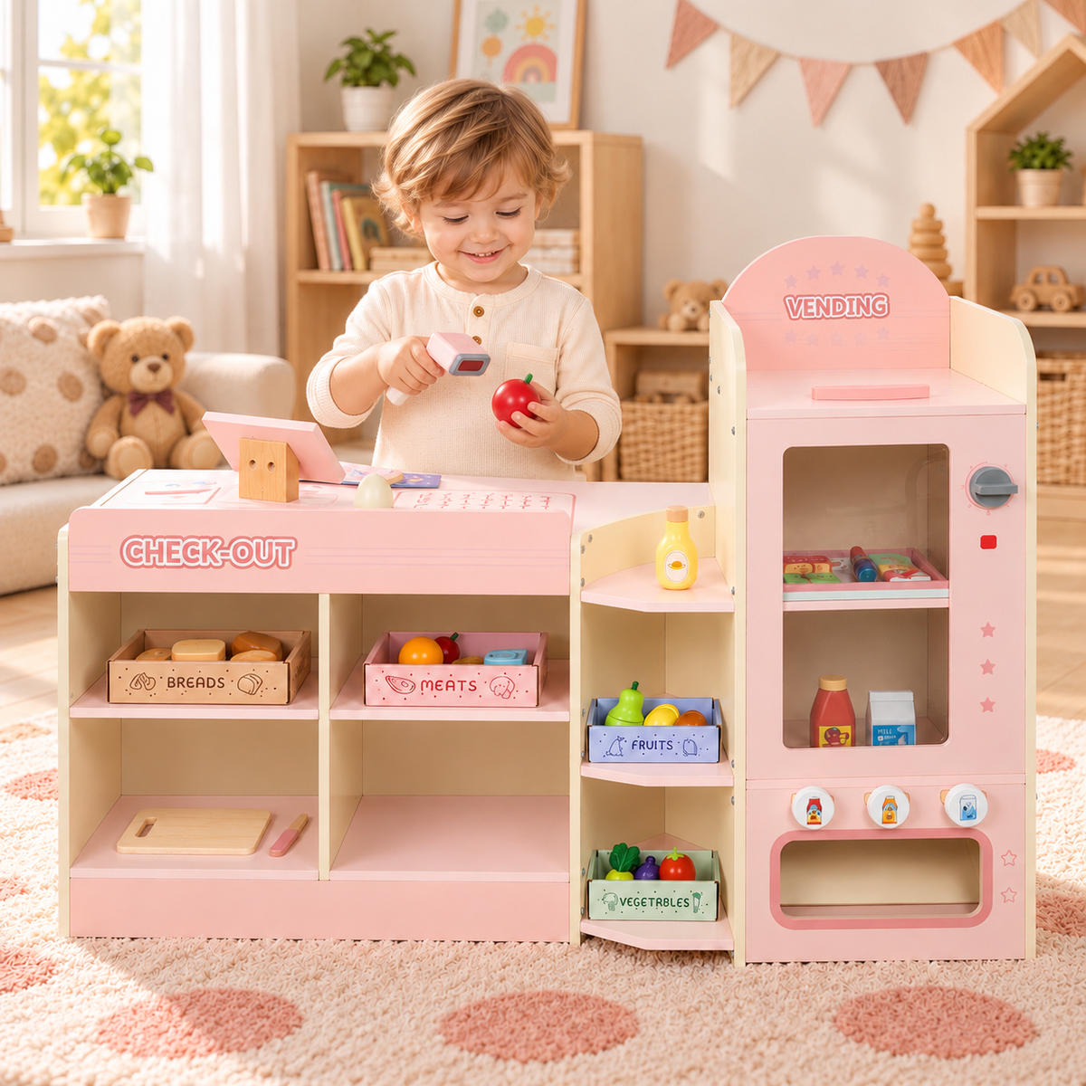 Supermarché Montessori en bois avec caisse enregistreuse, balance et étagères, rose, dès 3 ans Hilair