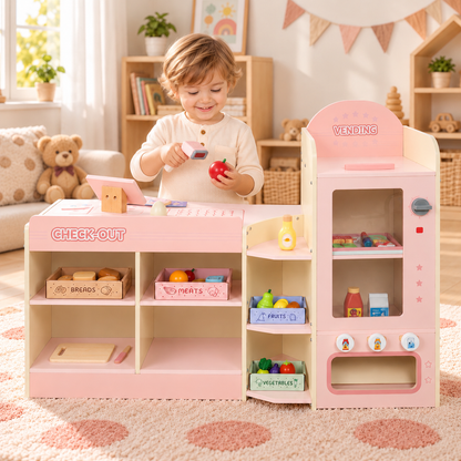 Supermarché Montessori en bois avec caisse enregistreuse, balance et étagères, rose, dès 3 ans Hilair