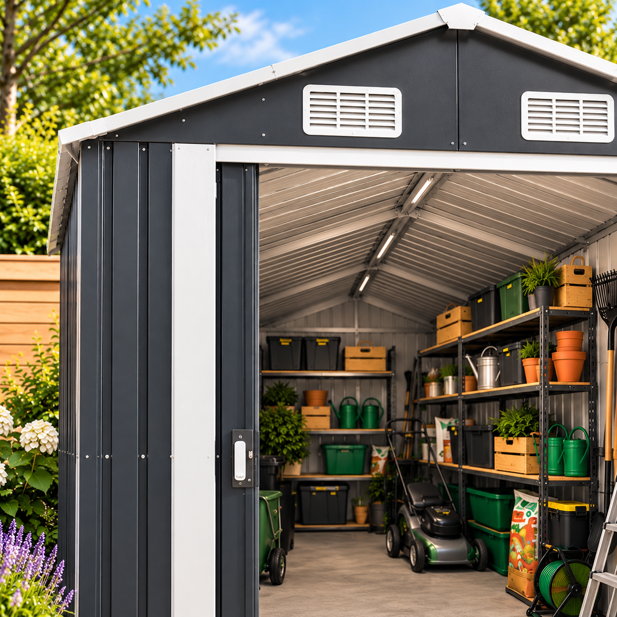 Abri de jardin 12,57 m² en métal anthracite avec portes coulissantes Hilair