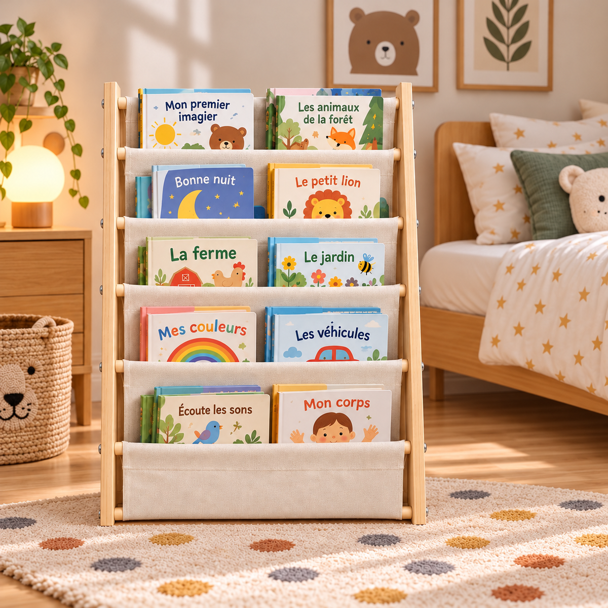 Bibliothèque Montessori en bois et tissu, 6 niveaux et 3 poches Hilair