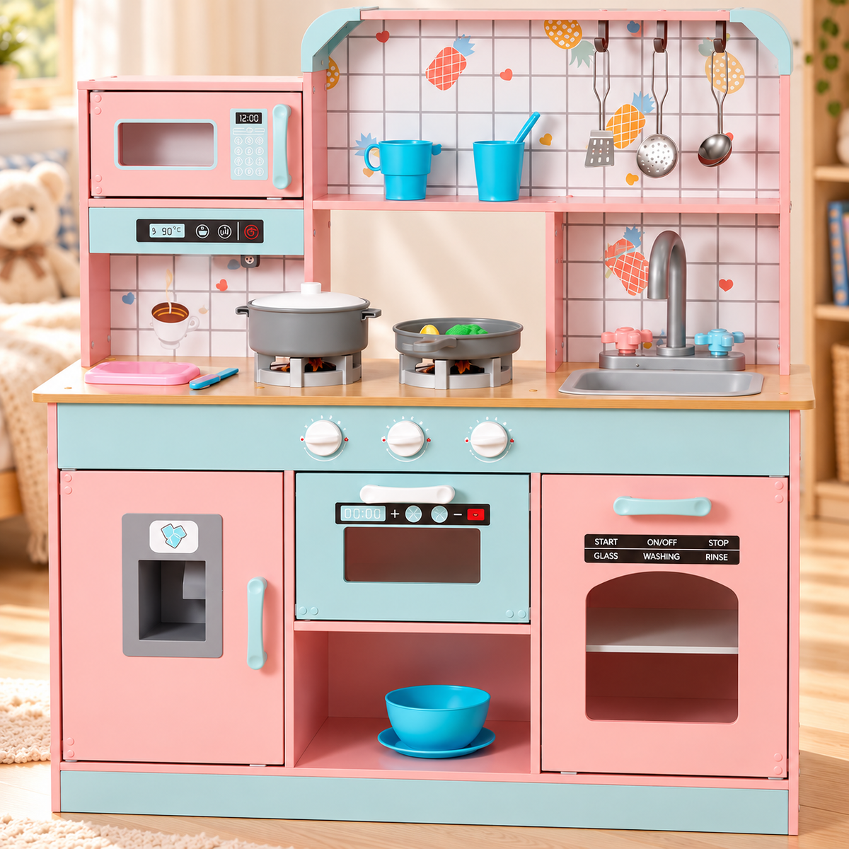Cuisine en bois pour enfant avec lumières, sons et accessoires, dès 3 ans Hilair