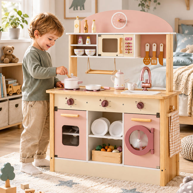 Cuisine d'angle en bois rose 4-en-1 avec four, réfrigérateur et lave-linge – vue 2