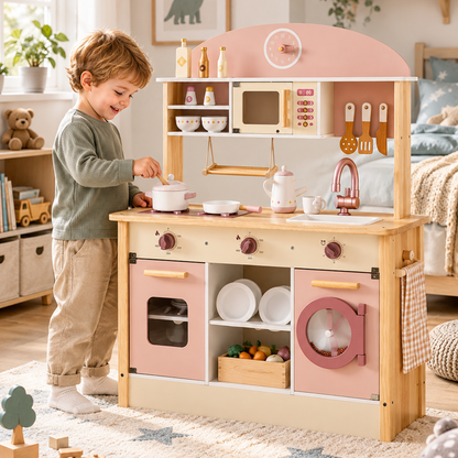 Cuisine d'angle en bois rose 4-en-1 avec four, réfrigérateur et lave-linge – vue 2
