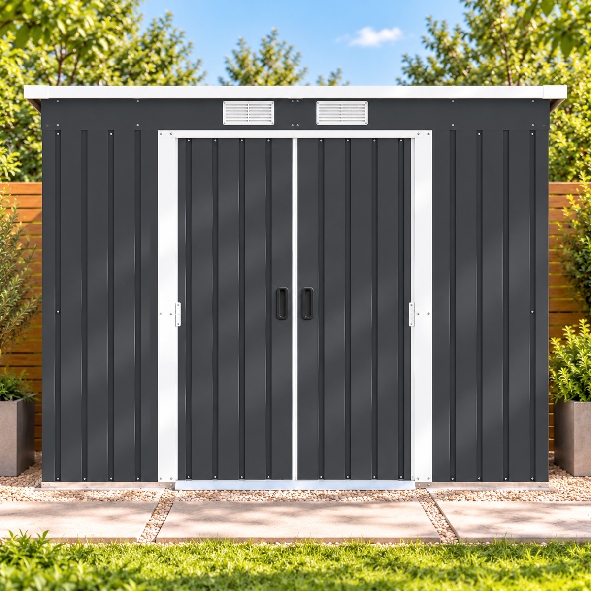 Abri de jardin 2,4 m² en métal gris anthracite avec porte coulissante Hilair