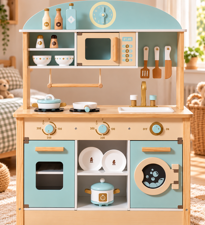 Cuisine Montessori en bois XXL avec lave-linge, lave-vaisselle et tableau, dès 3 ans Hilair