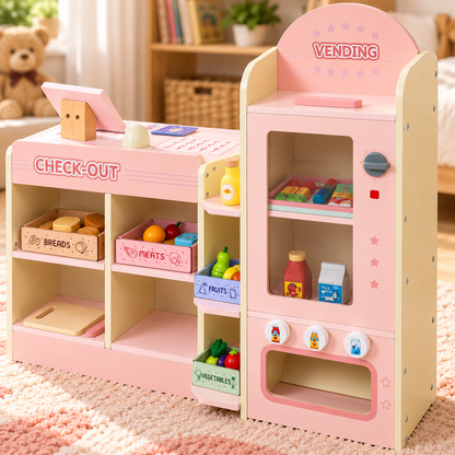 Supermarché Montessori en bois avec caisse enregistreuse, balance et étagères, rose, dès 3 ans Hilair