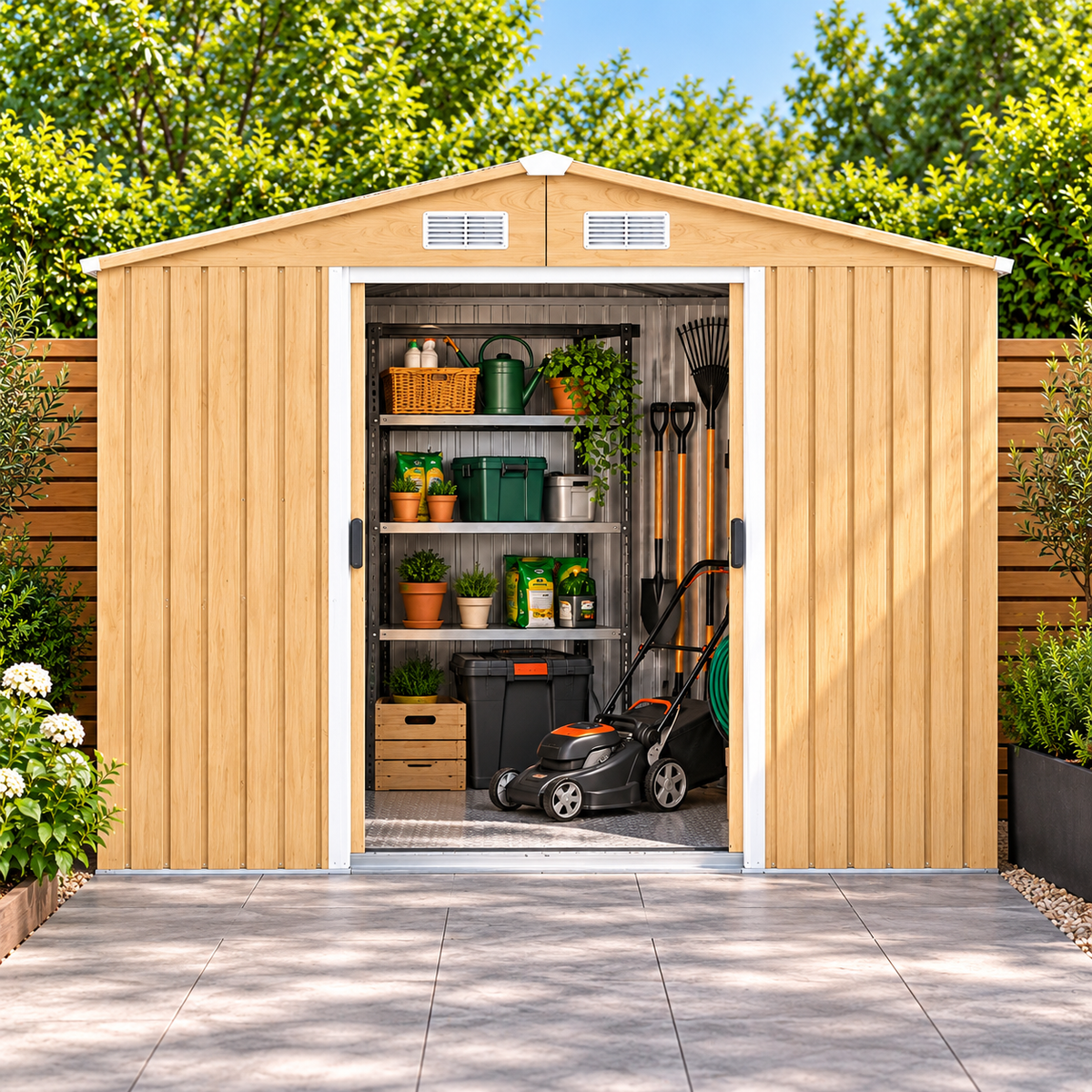 Abri de jardin 7 m² en acier galvanisé effet bois avec portes coulissantes et sol Hilair